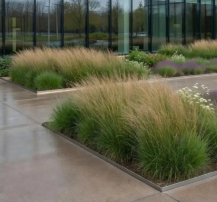 Zielony dach i kompozycje roślinne wokół biurowca na Mokotowie