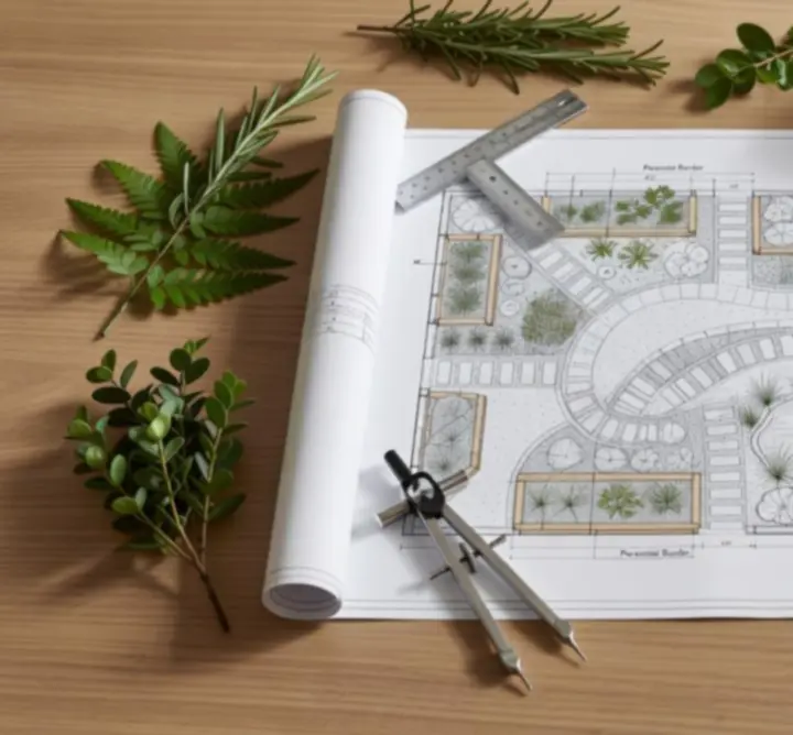 Przestrzeń robocza architekta z planami ogrodu i próbkami materiałów