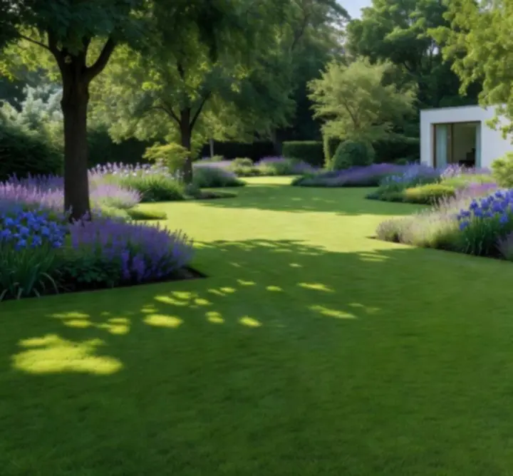 Pięknie zaprojektowany ogród z zielonymi rabatami i ścieżkami