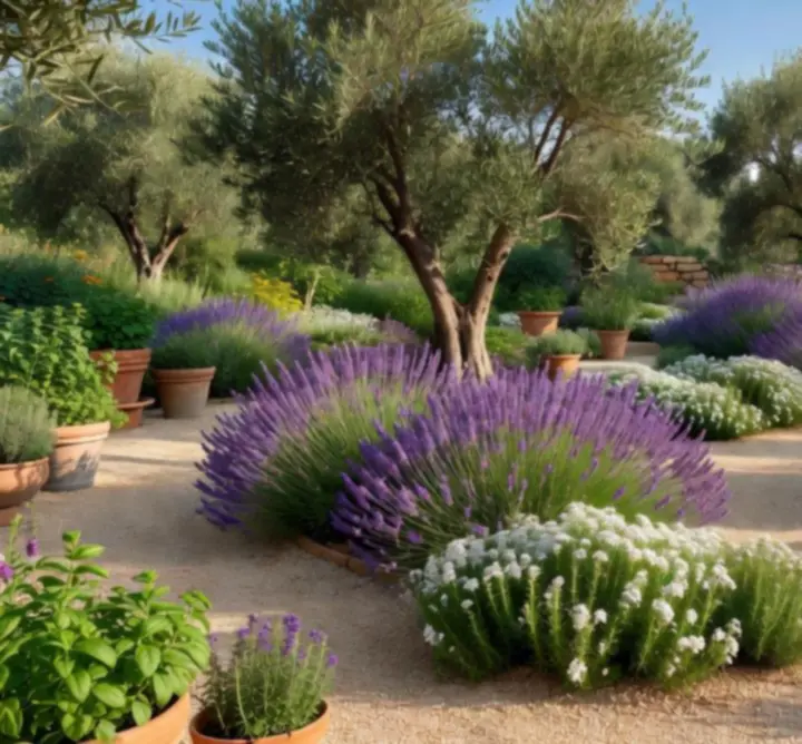 Ogród śródziemnomorski z drzewami oliwnymi, lawendą i kamiennymi ścieżkami
