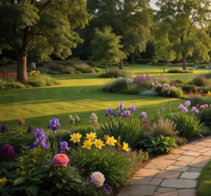 Panorama starannie zaprojektowanego ogrodu z zielonymi rabatami i kamiennymi ścieżkami