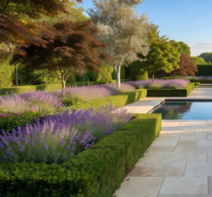 Ekskluzywny ogród przy willi w Wilanowie z żywopłotami i rabatami bylinowymi